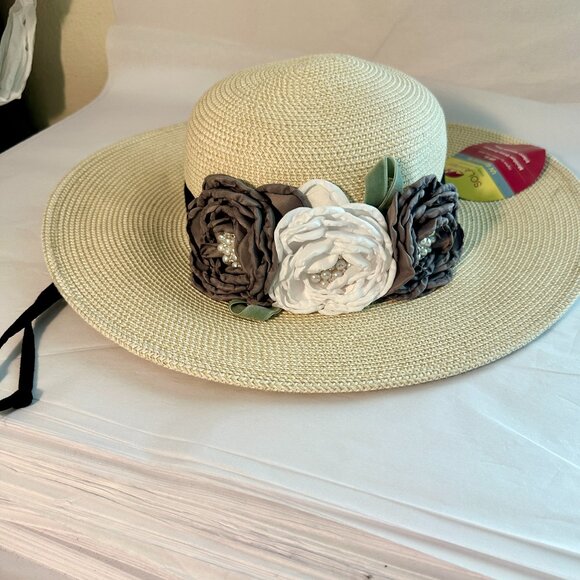 Women's Tweed Sun Hat Embellished With Satin Flowers & Pearls Special Event NEW - Picture 12 of 13